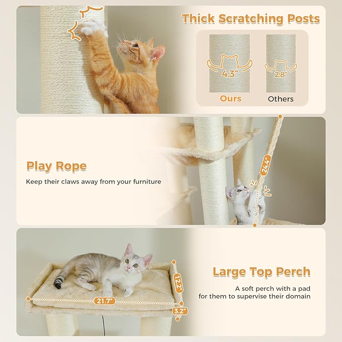 67" Heavy Duty Cat Tree for Indoor Cats Large Adult, XXL Cat Tower with 13 Thick Scratching Posts (φ4.3), Large Perch, Spacious Condo & Big Hammock - for Maine Coon up to 20 lbs, Beige