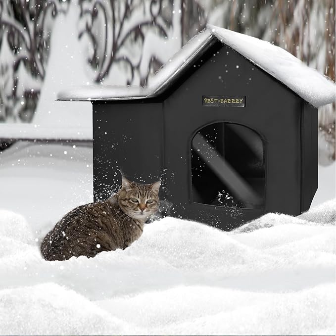 Rest-Eazzzy Outdoor Cat House, Feral Cat House Insulated with Mat and Clip, Weatherproof and Insulated, Cat Beds for Cats Kittens Puppies, Never Blow Away (Black, M 13" X 17" X 20")