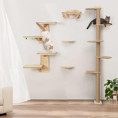 FUKUMARU Cat Wall Shelves, 2 Platform Kitten Wall Furniture, Tree Shape Wall-Mounted Floating Shelf with Sisal Mat, Solid Rubber Wood Cats Perch for 16 Inch Drywall, Suitable for Climb, Play, Nap