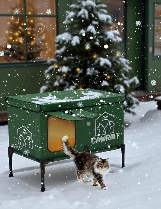 Outdoor Heated Cat House, Detachable Feral Cats House with a Open Window for Inside Outside, Cat House Weatherproof in Winter, Cat Shelter with Pet Heating Pad (Green, Large)