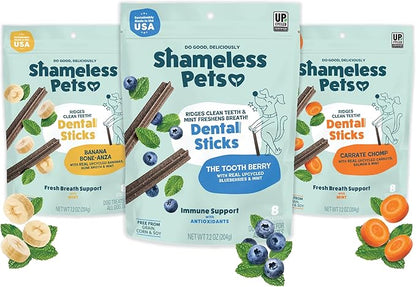 Shameless Pets Dental Treats for Dogs, Variety (3-Pack) - Healthy Sticks for Teeth Cleaning & Fresh Breath - Dog Bones Dental Chews Free from Grain, Corn & Soy