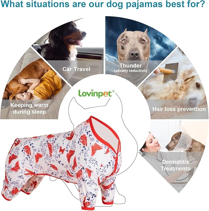 LovinPet Large Dog Bodysuit For Shedding, Pet Anxiety Relief Pajamas, Uv Protection Dog Shirt, Comfy Stretchy Fabric, White Butterfly Print, Pajamas for Pitbulls, Pitbull Clothes For All Seasons,Large