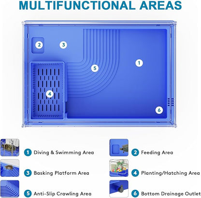 Geegoods Turtle Tank, Blue Small Turtle Aquarium, Turtle Habitat with Basking Platform