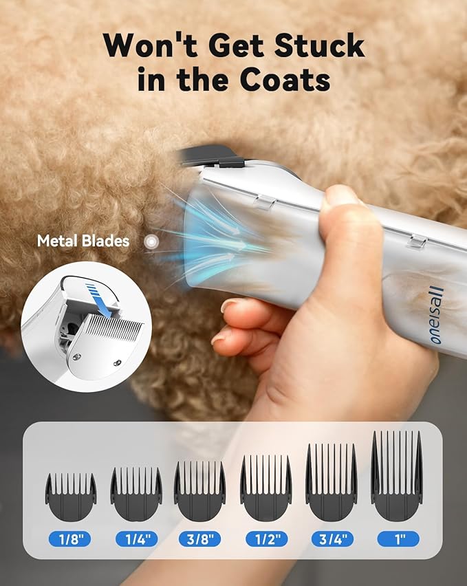 oneisall Dog Vacuum & Dryer for Shedding Grooming, 8 in 1 Dog Grooming Kit with Metal Blades Pet Clippers, Adjustable Speed and Temperature Control Blower