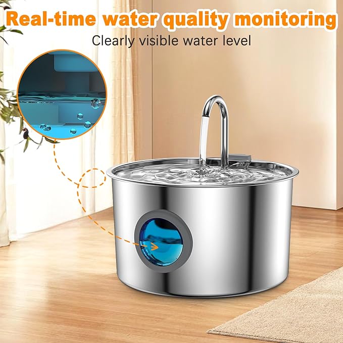 Dog Water Fountain, with 10 Filter/Silent Pump/Healthy Living Water, 3.2L/108OZ Quiet Dog Fountain Water Bowl, Stainless Steel Dog Water Fountain with Visual Water Level for Dogs Cats and All Pets