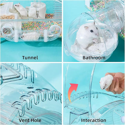 Tfwadmx Dwarf Hamster Cage,Acrylic Rat Cage,Hamster Home Small Animal Cages with Tube Exercise Wheel Mouse Habitat for Gerbils Mice 17.7”x11”x11.8”
