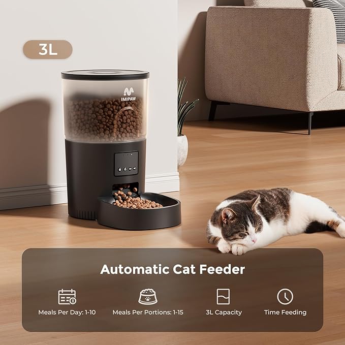 Automatic Cat Feeder - 3L Pet Dry Food Dispenser with Timed Programmable Portion Control, Dual Power Backup, Easy Set Up, 10 Meals Per Day for Cats and Puppies, Black（Remote Not Supported）