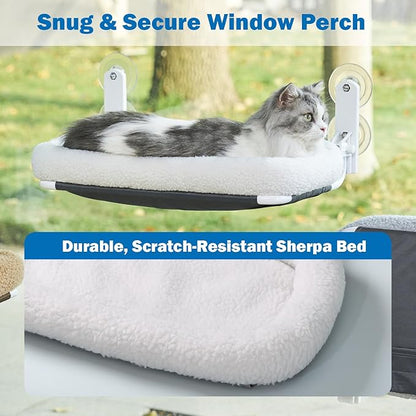 Zakkart Foldable Cat Hammock for Window - Cordless, Embeded Machine Washable Bed, Robust Metal Frame - Cat Window Perch for Large Cats and Kittens (White Bolster Bed, Medium)