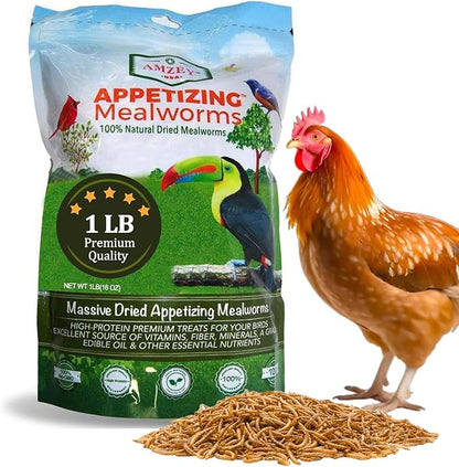 Amzey Dried Mealworms 1 LB, 100% Natural Meal Worms for Chicken & Birds, Organic Chicken Feed for Laying Hens, High Protein and Nutrition, Zipped Bag
