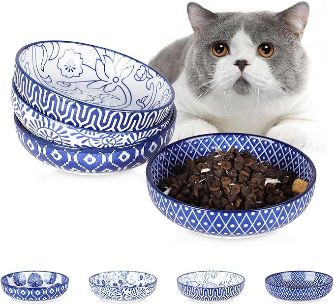 Selamica Ceramic Cat Food Bowl Set of 4, 5.6 Inch Wide Shallow Cat Bowls/Dishes for Food and Water, Vintage Blue