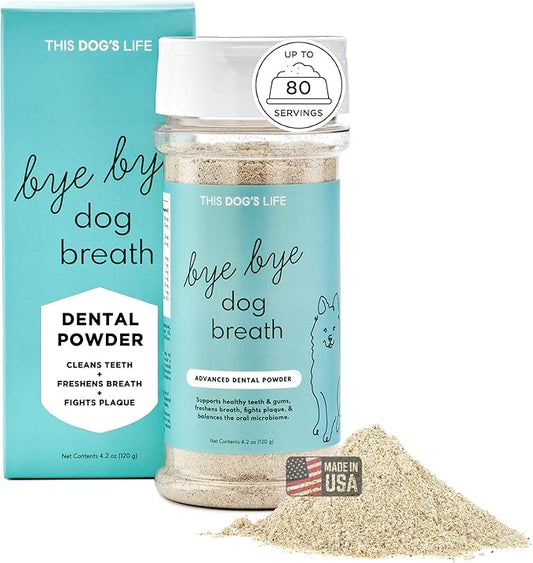 Dog Dental Powder – Vet Formulated - Cleans Teeth, Freshens Breath, Fights Plaque and Tartar – Natural Ingredients - 19 Active Ingredients - Oral Dog Probiotic - No Brushing - Made in USA