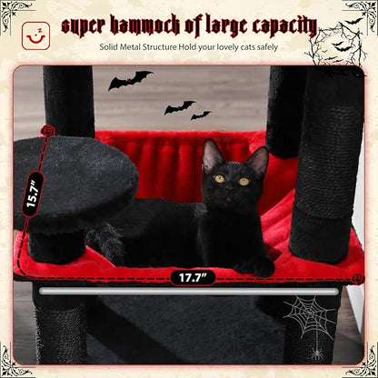 PEQULTI 45.7'' Gothic Cat Tree for Indoor Cats with Metal Frame Big Hammock, Cat Tower for Small or Medium Cats with Cat Condo House, with Scratching Posts and Top Perch, Black