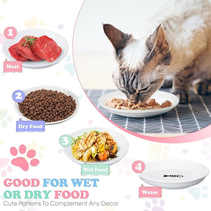 Irenare 10 Pcs Ceramic Cat Bowl 6 Inch Anti Whisker Fatigue Cat Plates Set Cute Shallow Pet Food Bowl Dishes for Food and Water, Kittens Small Animals(Simple Pattern)