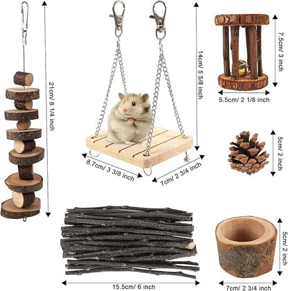 ZALALOVA Hamster-Chew-Toys Pet Activity Structure, 17 Pack Wooden Accessories with House, Food Bowl, Activity Toys for Mouse, Rats, Gerbils, Small Birds