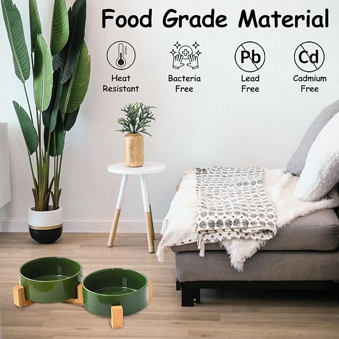 Petygooing Dog Bowls,Ceramic Cat Dog Bowl Set with Wood Stand for Food and Water,Non-Slip Cute Modern Pet Dish for Cats and Small Size Dogs (13.5OZ/5.1 in) Rust Green