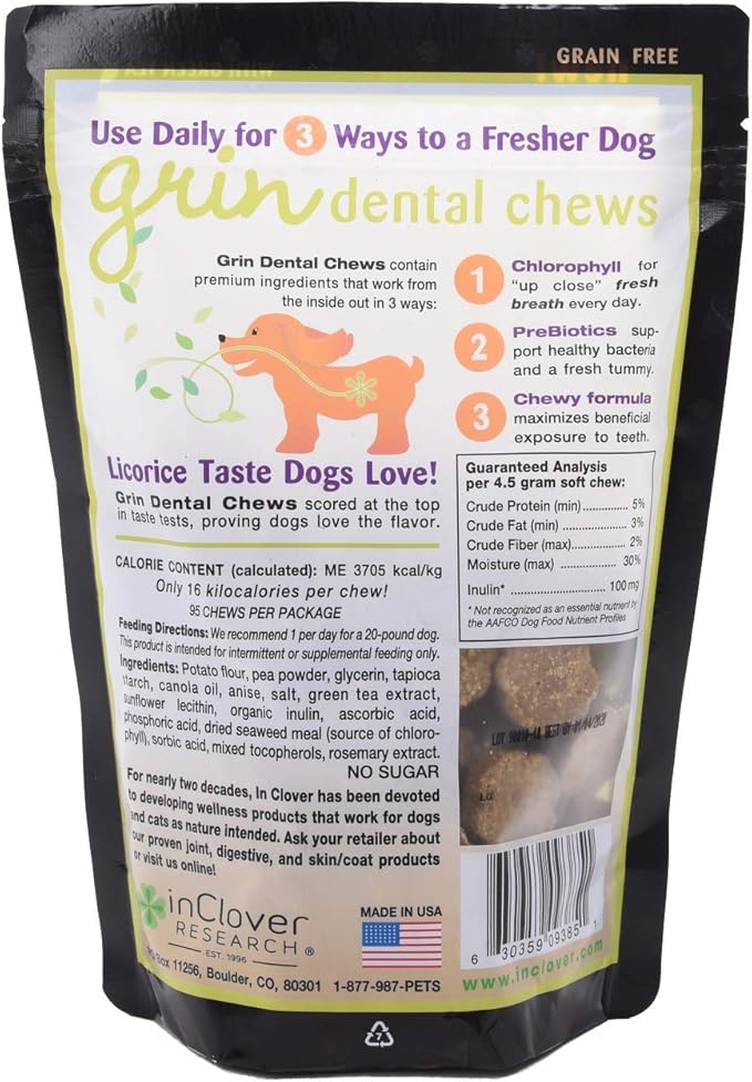 Natural Dental Treat, Grin, Fresh Breath Dog Chew Treat with Prebiotics, Fresh Breath Tartar Control, Daily Chew Supplement for Dogs Supports Dog Gums and Teeth