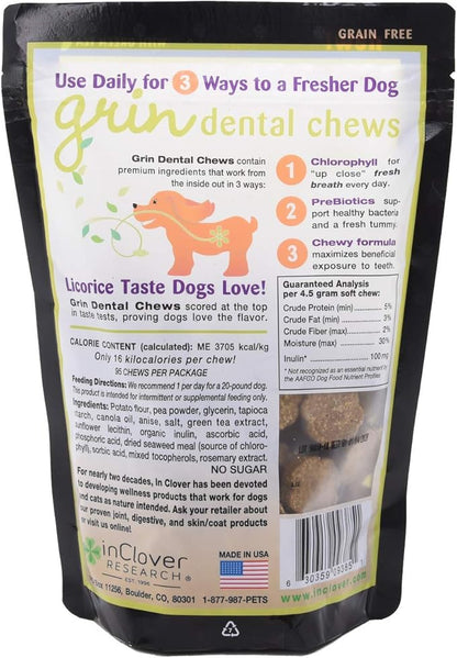 Natural Dental Treat, Grin, Fresh Breath Dog Chew Treat with Prebiotics, Fresh Breath Tartar Control, Daily Chew Supplement for Dogs Supports Dog Gums and Teeth