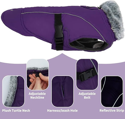 DENTRUN Large Dog Winter Coat - Windproof Reflective Warm Coat, Adjustable Neck & Snap Closure, Water Repellent Thick Fleece Vest, Fleece Lined for for Golden Retriever, Purple, XL