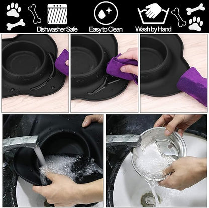 AsFrost Dog Food Bowls Stainless Steel Dog Bowls, Pet Dog Food Water Bowls No-Spill Non-Skid, Feeding Bowls with Dog Bowl Mat Dog Dishes for Small Medium Size Large Dogs Cats Puppy, Black, 240z