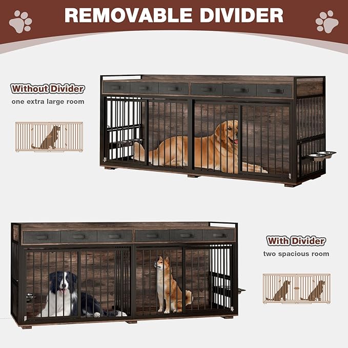 86.6" Double Dog Crate Furniture for Large Breeds,Metal Frame Heavy Duty Chew-Resistant Dog Crate Kennel for 2 Dogs with Adjustable Feeder Bowls/Removable Divider/6 Drawers,Rustic Brown