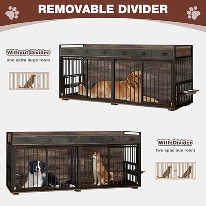 86.6" Double Dog Crate Furniture for Large Breeds,Metal Frame Heavy Duty Chew-Resistant Dog Crate Kennel for 2 Dogs with Adjustable Feeder Bowls/Removable Divider/6 Drawers,Rustic Brown