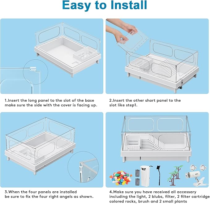Geegoods Turtle Tank Kit - Starter Aquarium with Light, Filter, Colored Rocks, Brush, Plant for Turtles, Crabs, Crayfish, Small Reptiles