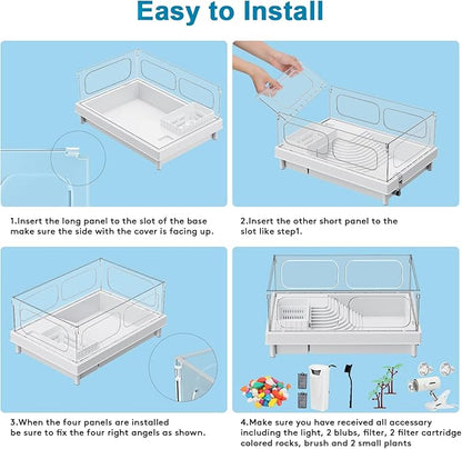 Geegoods Turtle Tank Kit - Starter Aquarium with Light, Filter, Colored Rocks, Brush, Plant for Turtles, Crabs, Crayfish, Small Reptiles
