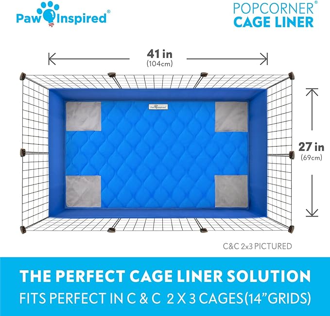 Paw Inspired PopCorner Guinea Pig Cage Liners | Washable Fleece Bedding or Pet Bed Mat for Small Animals | Super Absorbent Pee Pad with Reinforced Corners and Waterproof Bottom (C&C 2x3, Blue)