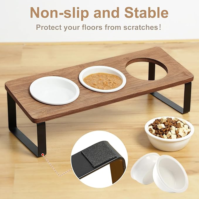 Sunhoo Elevated Cat Bowls for Indoor Cats Raised Tilted Food Water Kitty Dish Stand with 6 Ceramic Bowl Set Orthopedic Wooden Pet Feeder Feeding Sation Reduces Vomiting 4.7in Easy Assembly(Brown)