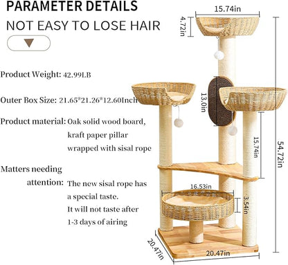 Large Cat Tree Wood - Modern Multi-Cat Tower with Scratching Posts & Handwoven Condo | Sturdy Cat Furniture for Indoor Cats, Modern Cat House Supplies