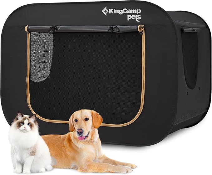 KingCamp XXL Dog Crate, Large Collapsible Pop Up Dog Kennel Tent with Durable 600D Oxford Fabric & Breathable Mesh for Indoor Outdoor Travel, Black, 55" x 39" x 39"