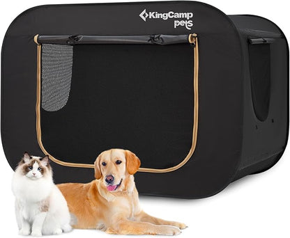 KingCamp XXL Dog Crate, Large Collapsible Pop Up Dog Kennel Tent with Durable 600D Oxford Fabric & Breathable Mesh for Indoor Outdoor Travel, Black, 55" x 39" x 39"