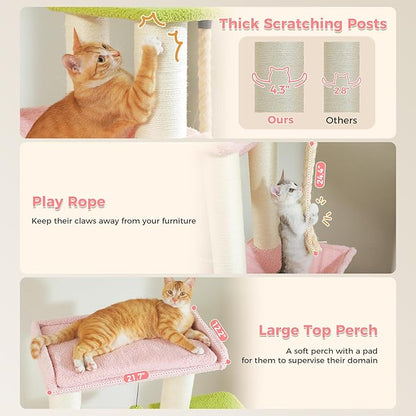 Pink 67" Heavy Duty Cat Tree for Indoor Cats Large Adult, XXL Cat Tower with 13 Thick Scratching Posts (φ4.3), Large Perch, Spacious Condo & Big Hammock - for Maine Coon up to 20 lbs