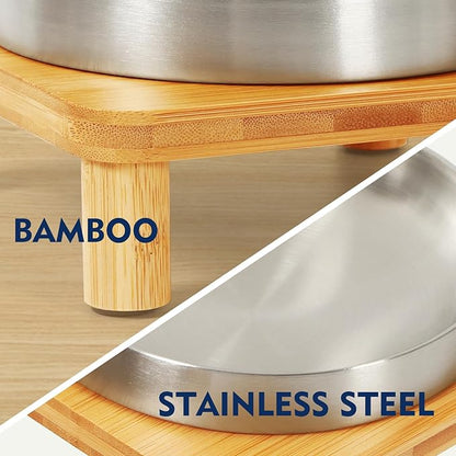Elevated Cat Bowls for Indoor Cats – Raised Bamboo Cat Food Table with 2 Stainless Steel Dishes, Adjustable Height (4.25"/3.07"), Whisker Friendly Feeding Station