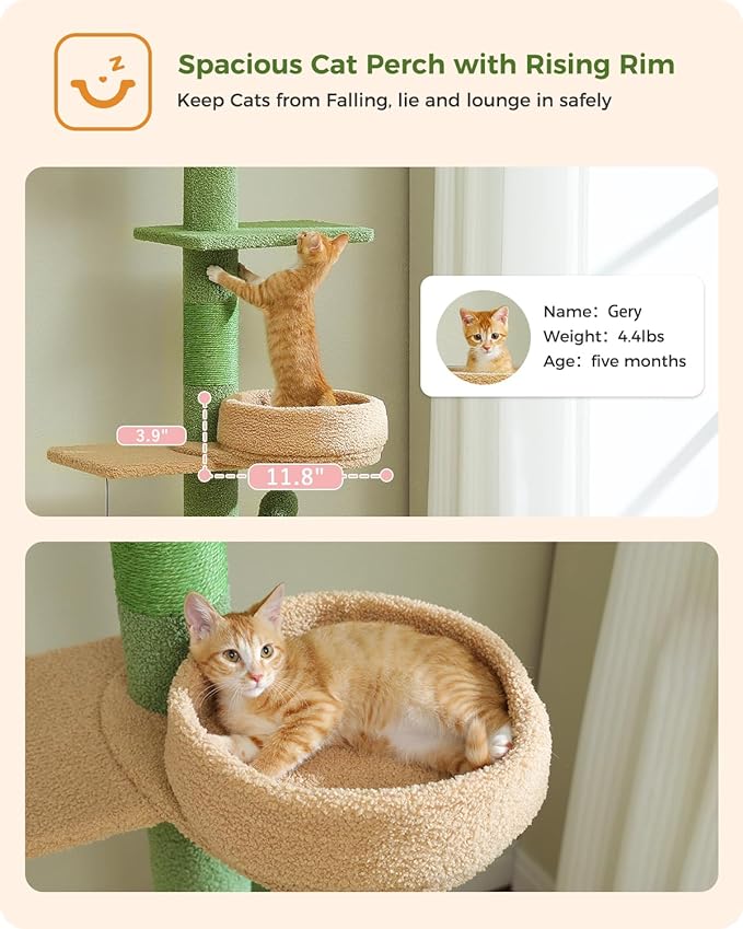 PEQULTI Floor to Ceiling Cat Tree Adjustable Height (87"-100"), 5 Levels Cactus Cat Tower with Perch&Replaceable Hammock, 4.1" Super Robust Cat Scratcher, Green