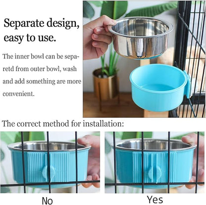 kathson Crate Dog Bowl, Removable Stainless Steel Hanging Pet Cage Bowl Food & Water Feeder Coop Cup for Cat, Puppy, Birds, Rats, Guinea Pigs (4 PCS, Size: L, 2×Blue,1×Pink,1×Green)
