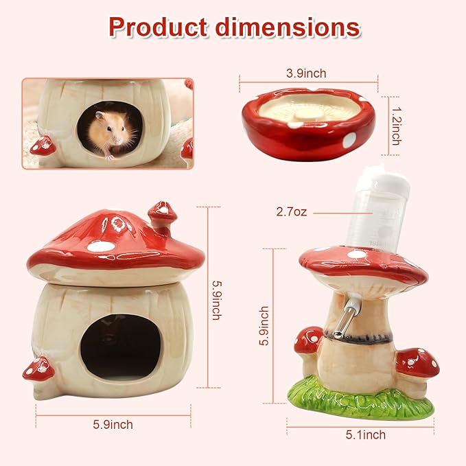 Mushroom Ceramic Hamster Hideout, Water Bottle with Stand, Food Bowl, Hamster Accessories (red)