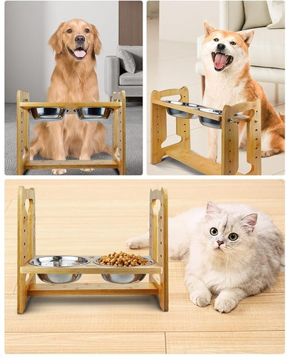 Elevated Dog Bowls, Adjustable Raised Dog Bowl Stand for Medium Size Dogs and Cats, Durable Bamboo Dogs Feeder with 2 Stainless Steel Bowls and Non-Slip Feet, Pet Food Bowl for Medium Sizes