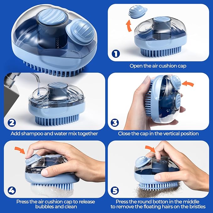 JIGA Cat Brush, Dog Bath Brush with Shampoo Dispensing, Dog Brush for Shedding with Self Cleaning, Dog Grooming Supplies, Blue