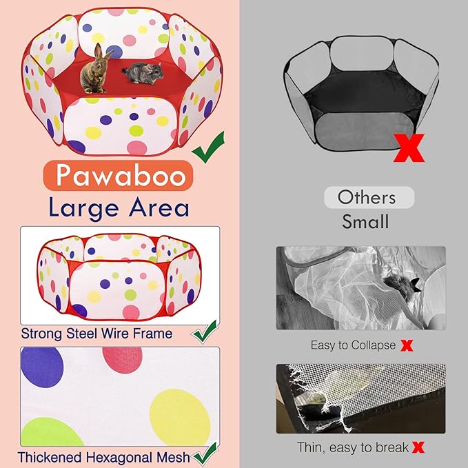 Pawaboo Small Animals Playpen, Waterproof Small Pet Cage Tent with Strong Steel Wire Frame, Portable Outdoor Yard Fence for Chick/Kitten/Puppy/Guinea Pig/Rabbits/Hamster/Chinchillas, Red + Polka Dots