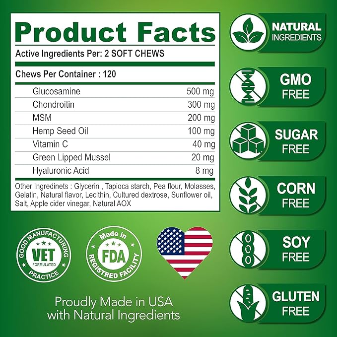 (2 Pack) Glucosamine for Dogs - Hip and Joint Supplement for Dogs - Glucosamine Chondroitin - Joint Pain Relief Pills - MSM - Hemp Oil - Advanced Health Support Supplement - 240 Mobility Chews