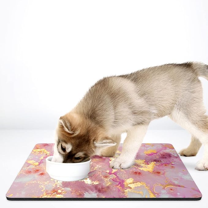 Rnivvi Dog Food Mat, 16" x 24" Absorbent Dog Cat Bowl Mat for Food and Water, Cute Anti-Slip Rubber Pet Feeding Rug Protect Floors, Puppy Placemat for Feeding & Watering Supplies, Pink Gold