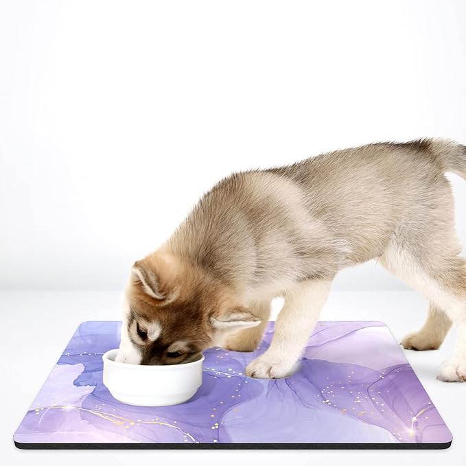 Rnivvi Dog Food Mat, 16" x 24" Marble Absorbent Dog Cat Bowl Mat for Food and Water, Cute Anti-Slip Rubber Pet Feeding Rug Protect Floors, Puppy Placemat for Feeding & Watering Supplies, Purple