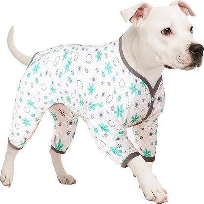 LovinPet Pitbull Onesie Shedding Suits for Dogs, Pet Anxiety Relief PJ's, Uv Protection Dog Tshirt,Comfy Stretchy Fabric,Mint Floral Print,Large Dog Pjs,Pullover Pitbull Clothes for All Seasons,2XL