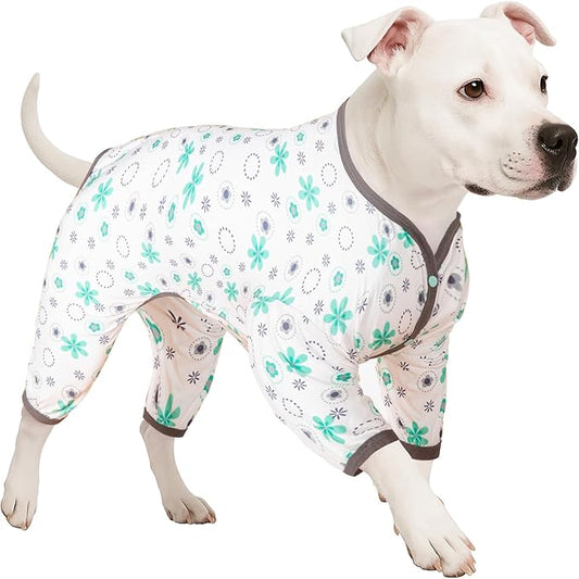 LovinPet Pitbull Onesie Shedding Suits for Dogs, Pet Anxiety Relief PJ's, Uv Protection Dog Tshirt,Comfy Stretchy Fabric,Mint Floral Print,Large Dog Pjs,Pullover Pitbull Clothes for All Seasons,2XL
