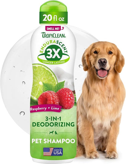 TropiClean Deodorizing Dog Shampoo, Powerful Odor Control, Long-Lasting Raspberry Lime Scent, Puppy Safe, Made in The USA, Cat Friendly, 20oz.