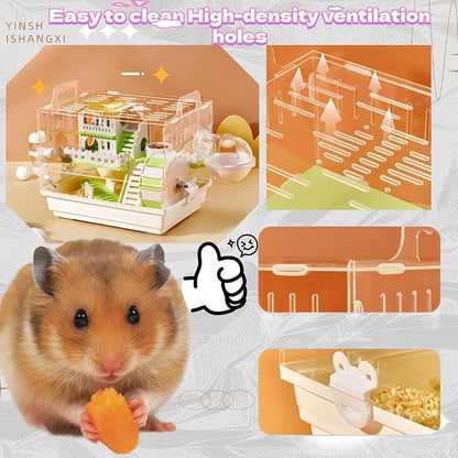 Large Acrylic Hamster Cage14.6x10.2x12.6in-Multi-Level Habitat for Dwarf/Syrian Hamsters-Mice (Ventilated Top-Removable Base) Expandable Small Animal Enclosure (Green Hamster Cage, 14.6x10.2x12.6)