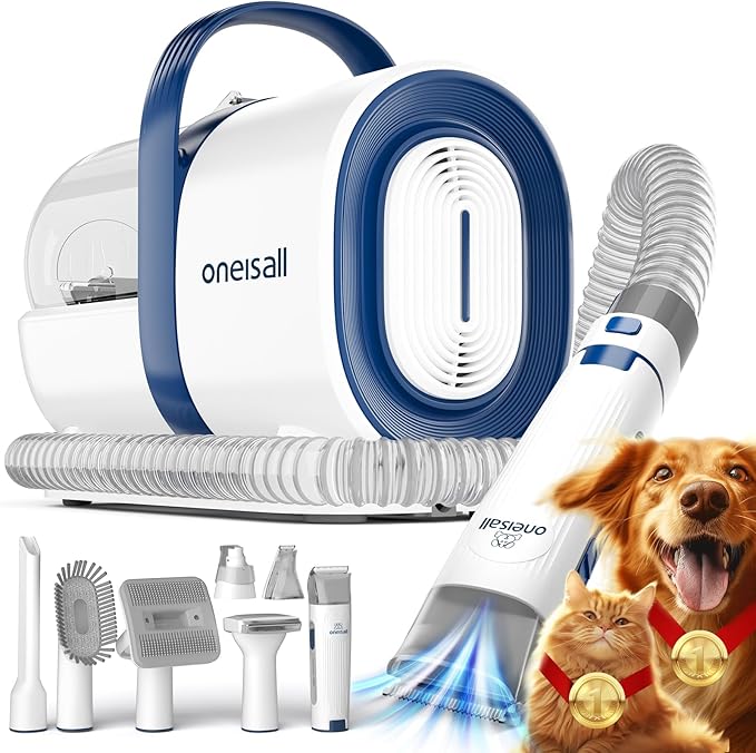 oneisall Dog Hair Vacuum & Dog Grooming Kit, Pet Grooming Vacuum with Pet Clipper Nail Grinder, 1.5L Dust Cup Dog Brush Vacuum with 7 Pet Grooming Tools for Shedding Pet Hair, Home Cleaning (Blue)