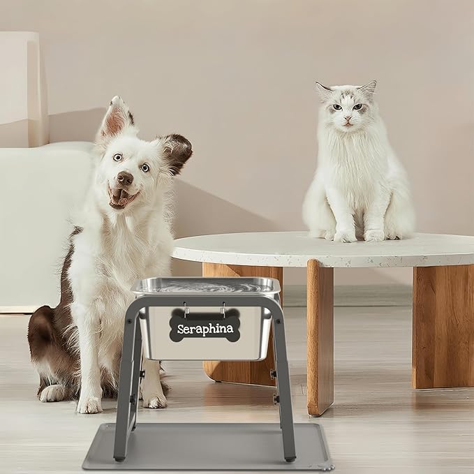 1.85 Gallon Elevated Large Dog Water Bowl with Mat, 4 Height Adjustable 12-17", Raised Dog Water Bowl Stand for Large Breed