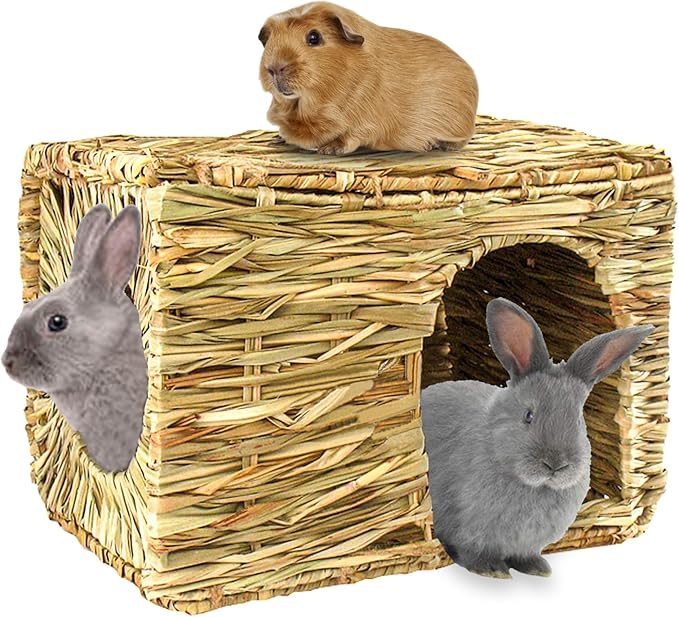 HERCOCCI Extra Large Grass House for Rabbit, Foldable & Comfortable - Small Animal Hut Play Hideaway Bed Hay Mat Chew Toy for Bunny Guinea Pig Hamster Chinchilla (1 Pack)